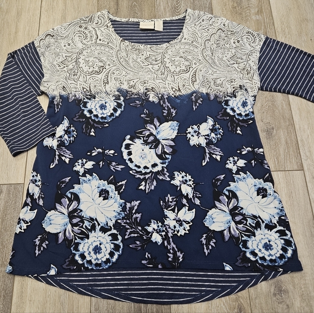 Chicos Relaxed Fit Casual Blouse Top Floral Striped Navy Blue Women's Small 0
